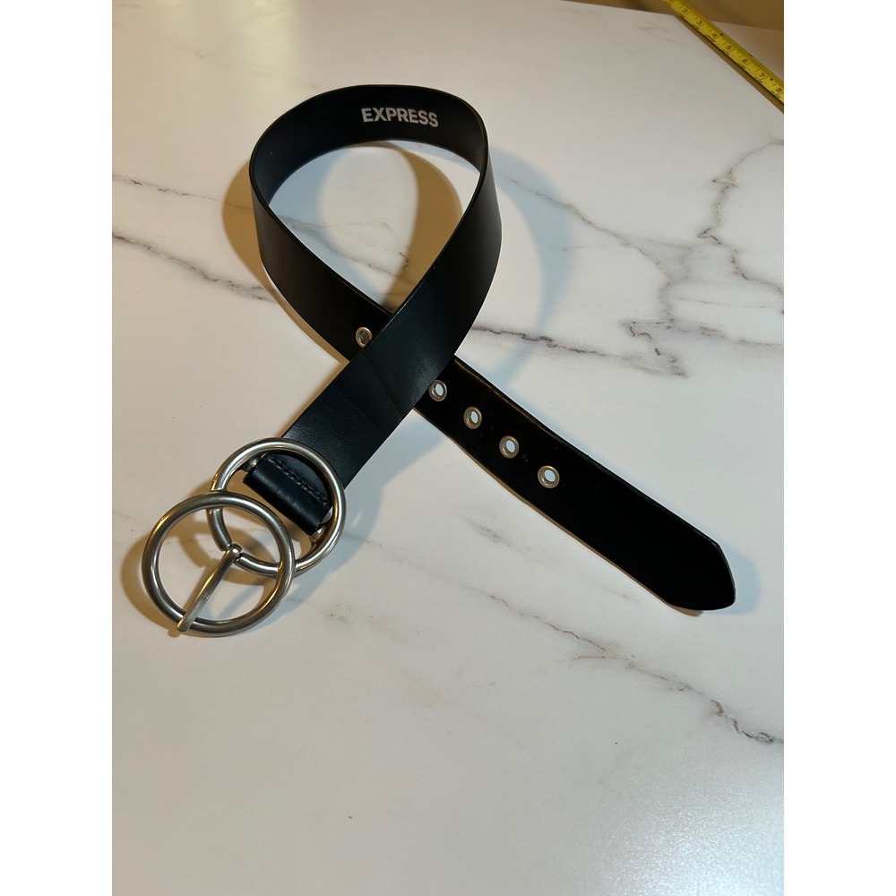 Express Womens Black Italian Leather Double O-Ring Buckle Belt Silver Grommet S